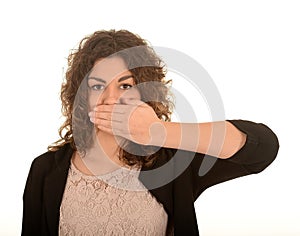 Woman with hand over mouth