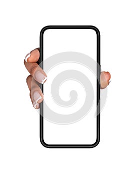 Woman hand with phone big mockup screen isolated over white background