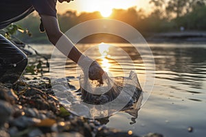 woman hand picking up garbage plastic for cleaning at river with sunset. AI Generative