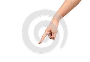 Woman hand point finger isolated on a white background