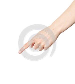 Woman hand pointing down