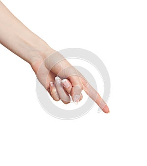 Woman hand pointing down