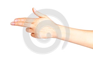 Woman hand pointing to the left with two fingers