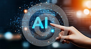 Woman hand pointing at the word AI on a screen. Artificial intelligence concept