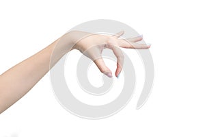 Woman hand poses or acts like a picking something isolated on white background