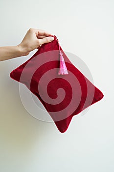 Woman hand with purse on white background, close-up