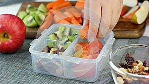 Woman hand put healthy fruit and nut snacks into the lunch box