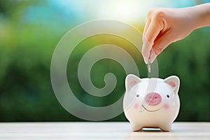 Woman hand putting coin into pink piggy bank on wooden desk with green nature background, meaning of growing or saving or earning