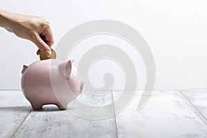 Woman hand putting money coin into piggy for saving money wealth and financial concept