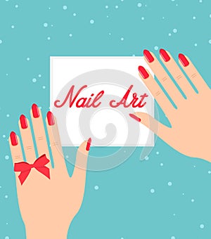 Woman hand with red fingernails. Gift certificate for a nail sal