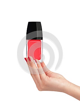 Woman hand with red nail polish isolated on white