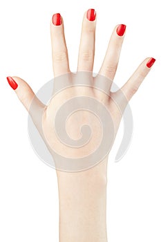 Woman hand with red nail polish raised up