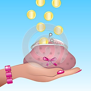 Woman hand with retro purse and raining coins