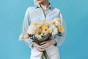 woman hand floral blue yellow bouquet flower romantic sweater present white. Generative AI.