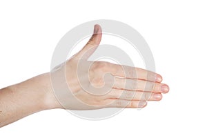 Woman hand show direction gesture, open hand isokated on a white background
