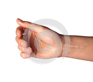 Woman hand show holding something isolated on white background