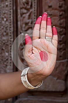 Woman hand showing Ardhachandra hasta meaning half moon of indian classic dance Odissi. Indian Art Culture