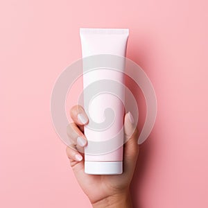 Woman hand showing cream product. Cosmetic product branding mockup. Daily skincare and body care routine. Female hand