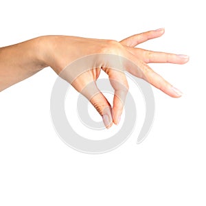 Woman hand showing picking up pose or holding