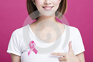 Woman hand showing pink breast cancer awareness