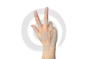 Woman hand showing three fingers, isolated on white