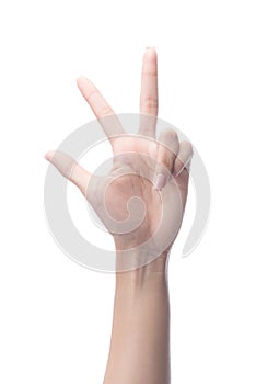 Woman hand showing Three fingers,number 3