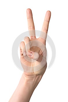 woman hand showing victory sign gesture, isolated on white background