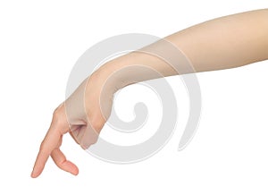 Woman hand shows finger walking, on white background