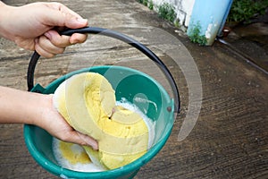 Woman hand and soak sponge