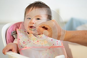 woman hand with spoon feeding puree to happy and adorable baby girl in a bib sitting on eating chair in child healthy nutrition