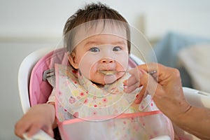 woman hand with spoon feeding puree to happy and adorable baby girl in a bib sitting on eating chair in child healthy nutrition