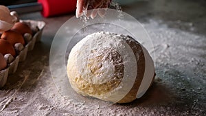 Woman hand sprinkle flour on dough - closeup, slow