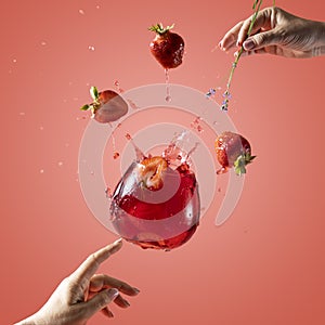 Woman hand support fly glass of strawberry drink with splash, juice strawberries falling in glass. Cocktail of strawberry and