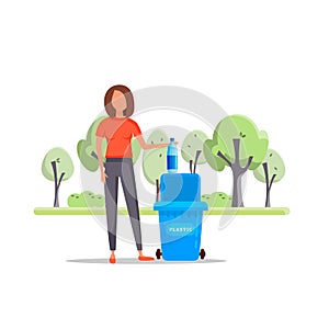 Woman hand throws garbage into a plastic bottle