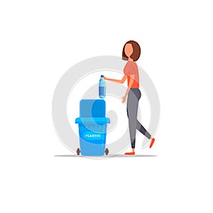 Woman hand throws garbage into a plastic bottle