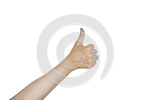 woman hand Thumb up gesture isolated on white