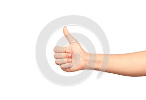 Woman hand with thumb up isolate on white background