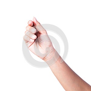Woman hand to holding credit card, blank paper or other on white background