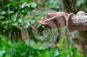 Woman hand touches water rain droplets fresh green background