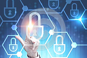 Woman hand touching digital security interface