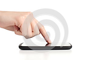 Woman hand touching a mobile phone screen with forefinger photo
