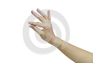 Woman hand touching or pointing to something isolated on white background
