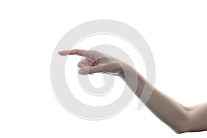 Woman hand touching or pointing to something isolated on white background