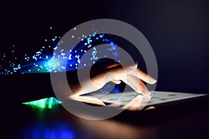 Woman Hand Touching Tablet Screen Browsing Internet On Blurry Fiber Optic Bokeh Background Technology Concept Close Up