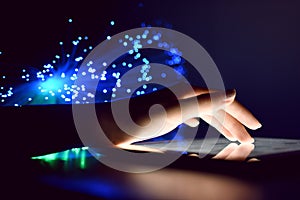 Woman Hand Touching Tablet Screen Browsing Internet On Blurry Fiber Optic Bokeh Background Technology Concept Close Up