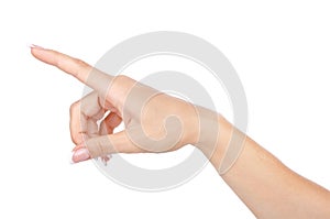 Woman hand touching virtual screen isolated