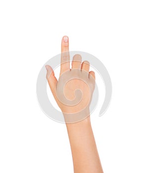 Woman hand touching virtual screen isolated