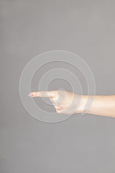 Woman hand touching virtual screen.  on white