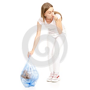 Woman in hand trash bag