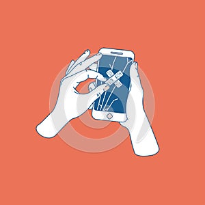 Woman hand trying to repair cracked smartphone. Phone with broken screen. Phone repair service. Vector illustration